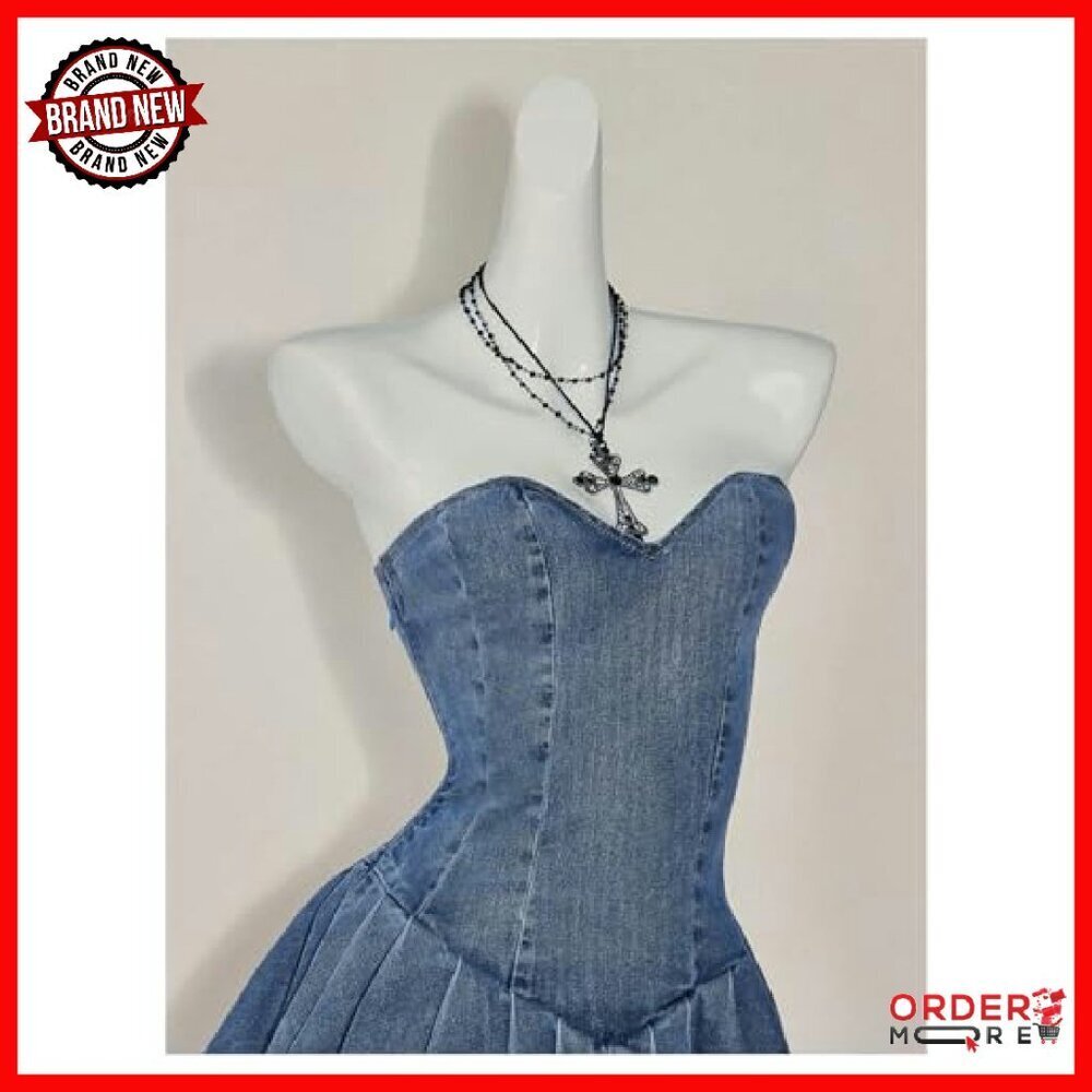 Strapless Mini Denim Dress with Ruffle Layers, A-Line Fit - Picture 5 of 6